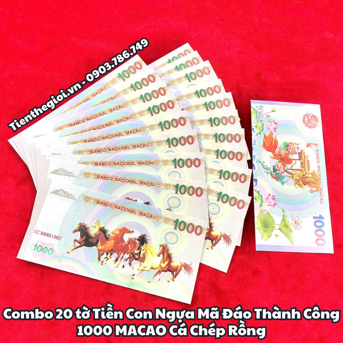 Combo 20 tờ Tiền Lưu Niệm 1000 Macao Mã Đáo Thành Công Cá Chép Rồng
